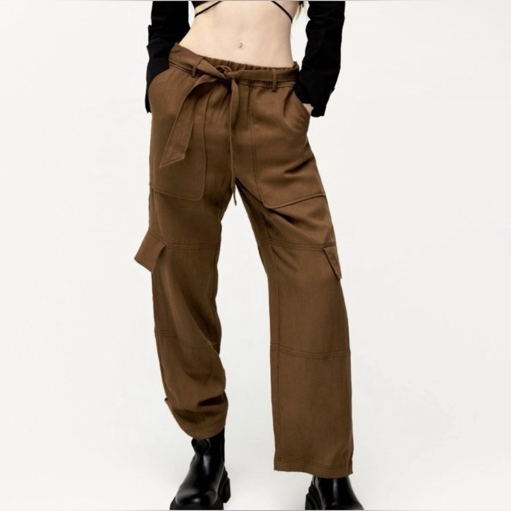 ZARA 🐻 Women’s Brown Cargo Tie Waist Straight Leg Pants XS NWT